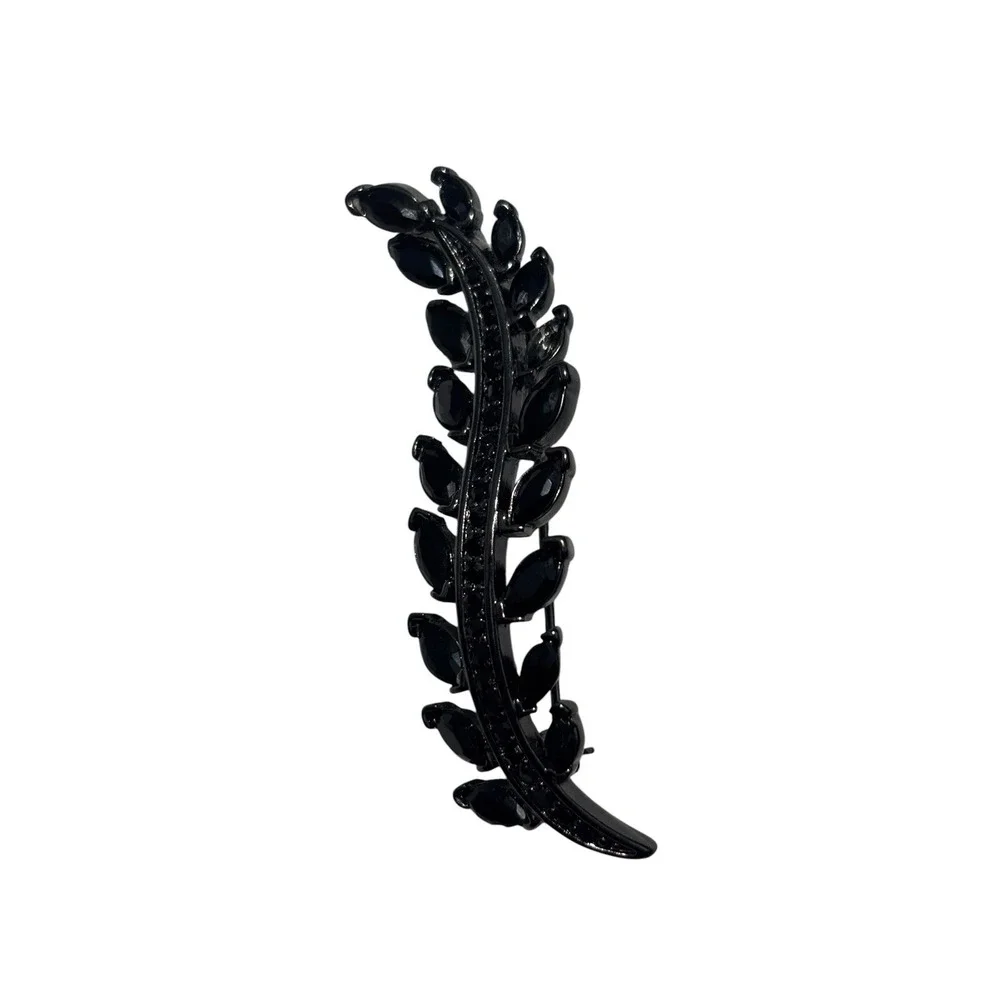 Vintage Signed Monet Dark Silver Tone Black Rhinestone Fern Leaf Brooch Pin